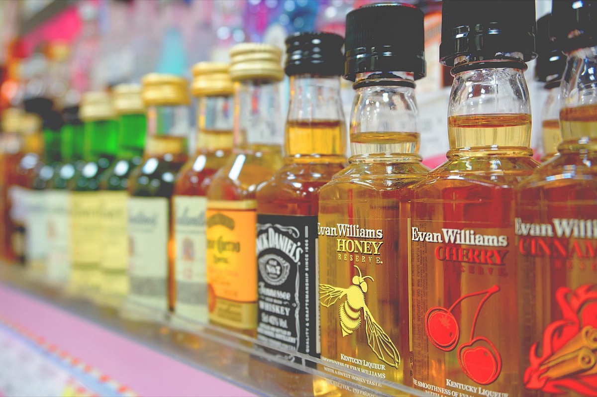 Coles Supermarkets shelf with liquor display, retail environment
