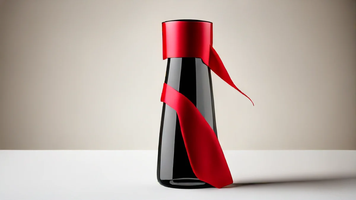 Una botella de vino con un cinturón rojo, simbolizando una celebración.