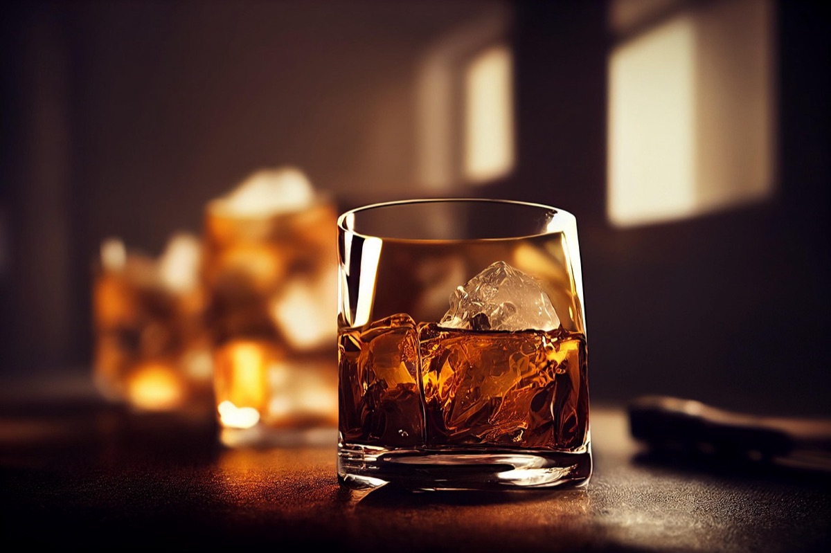 Whiskey tasting glass with ice cubes