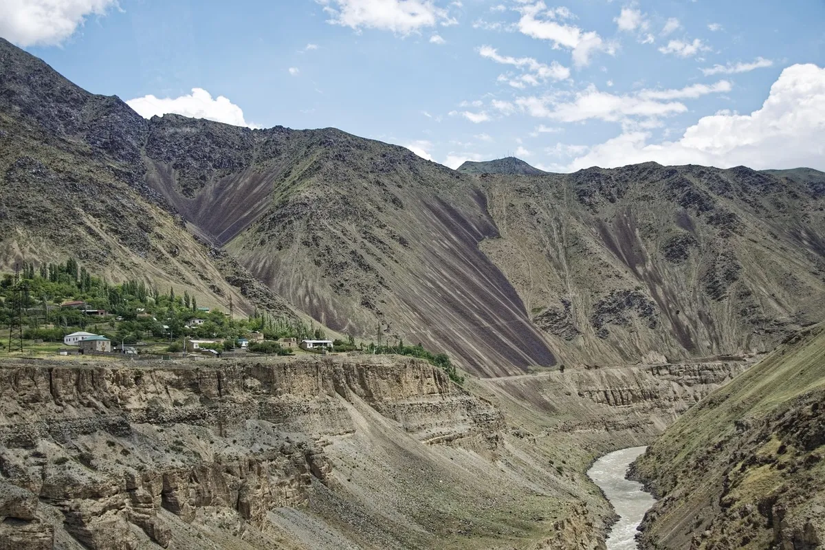 tajikistan, novdunak, city, location, serafschan river, turkestan chain, mountains, serafschan, flow, water, landscape, nature, central asia