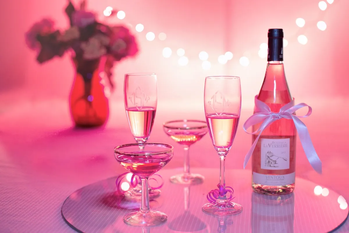 pink wine, champagne, celebration, pink, valentine's day, wedding, party, holiday, drink, glasses, wineglasses, wine, wine bottle, alcohol, happy birthday, beve