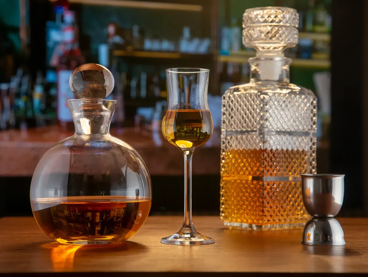 A sophisticated bar setup featuring whiskey in elegant decanters and glassware on a wooden table.